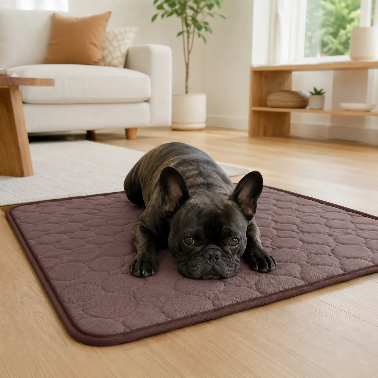 A French Bulldog lying on a brown Frimouf Ice cooling mat