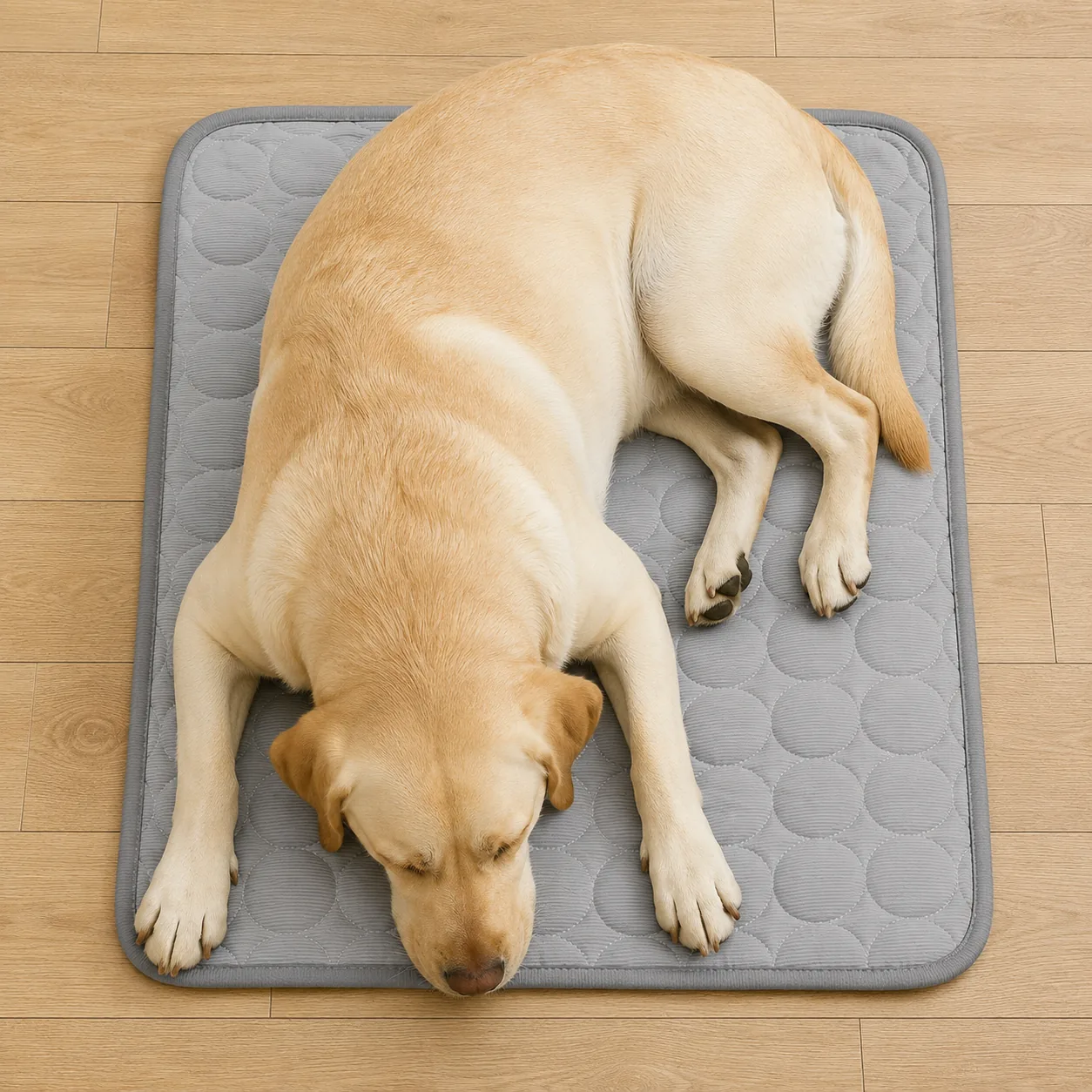 A Labrador seen from above on the cooling mat, its body covering almost the whole surface