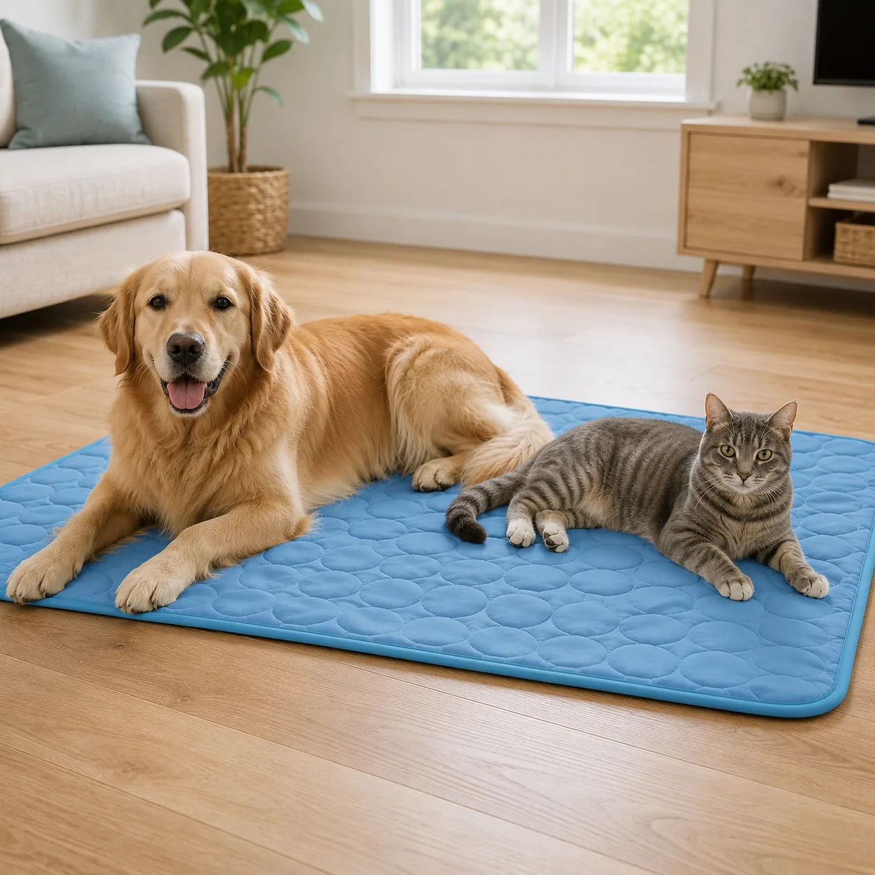 A dog and a cat lying together on the same Frimouf Ice cooling mat