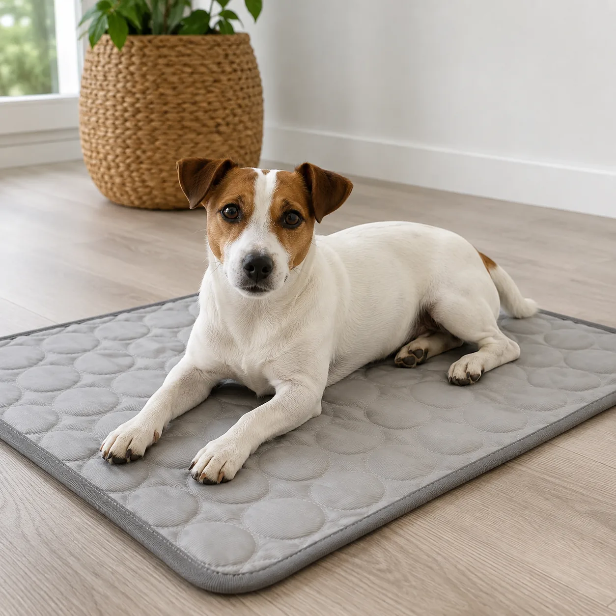 Jack Russell terrier lying alert on a gray cooling mat