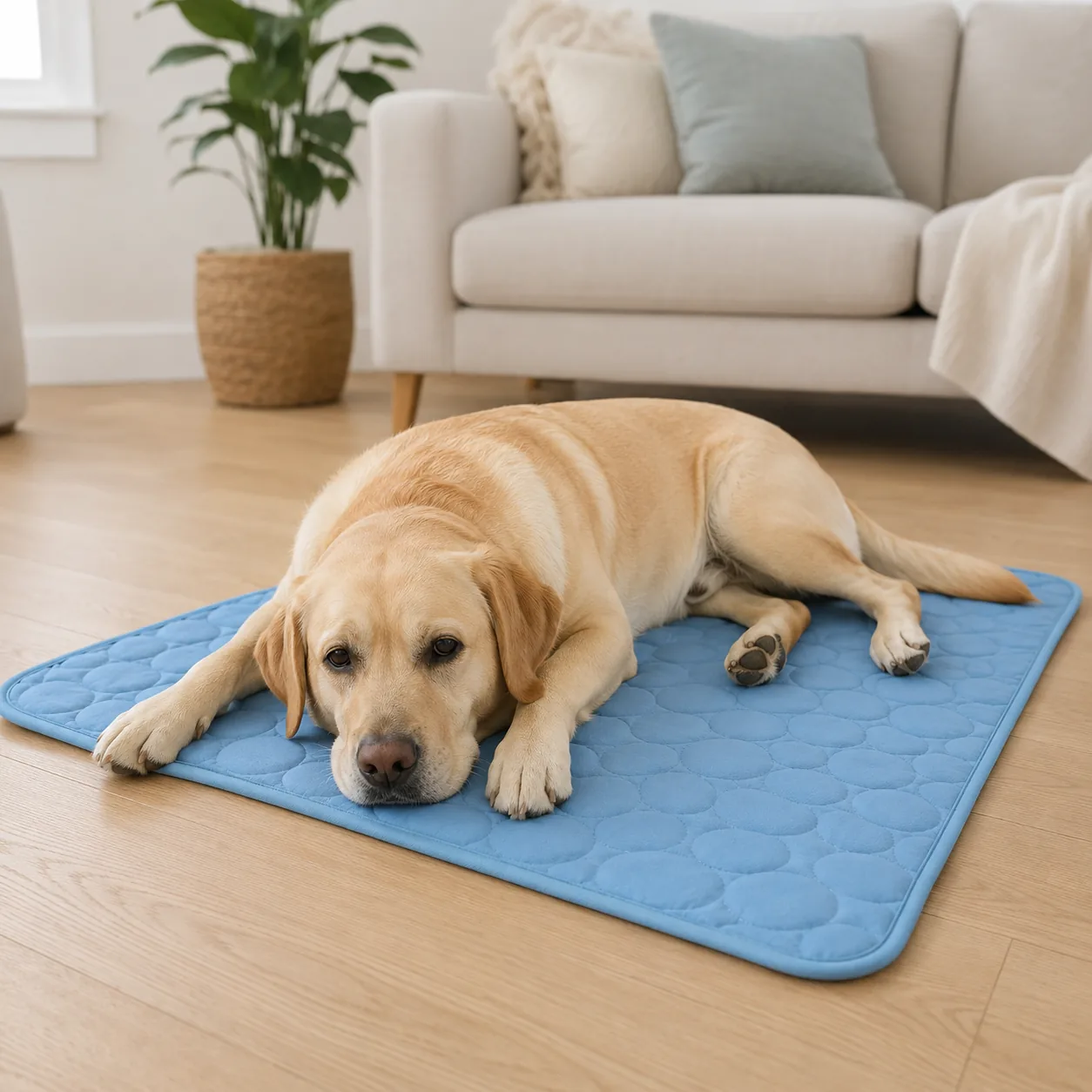 A relaxed Labrador on a blue Frimouf Ice cooling mat