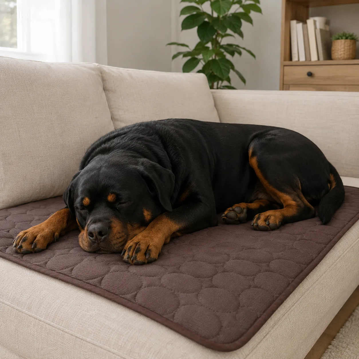 Rottweiler asleep on a brown cooling mat on the couch