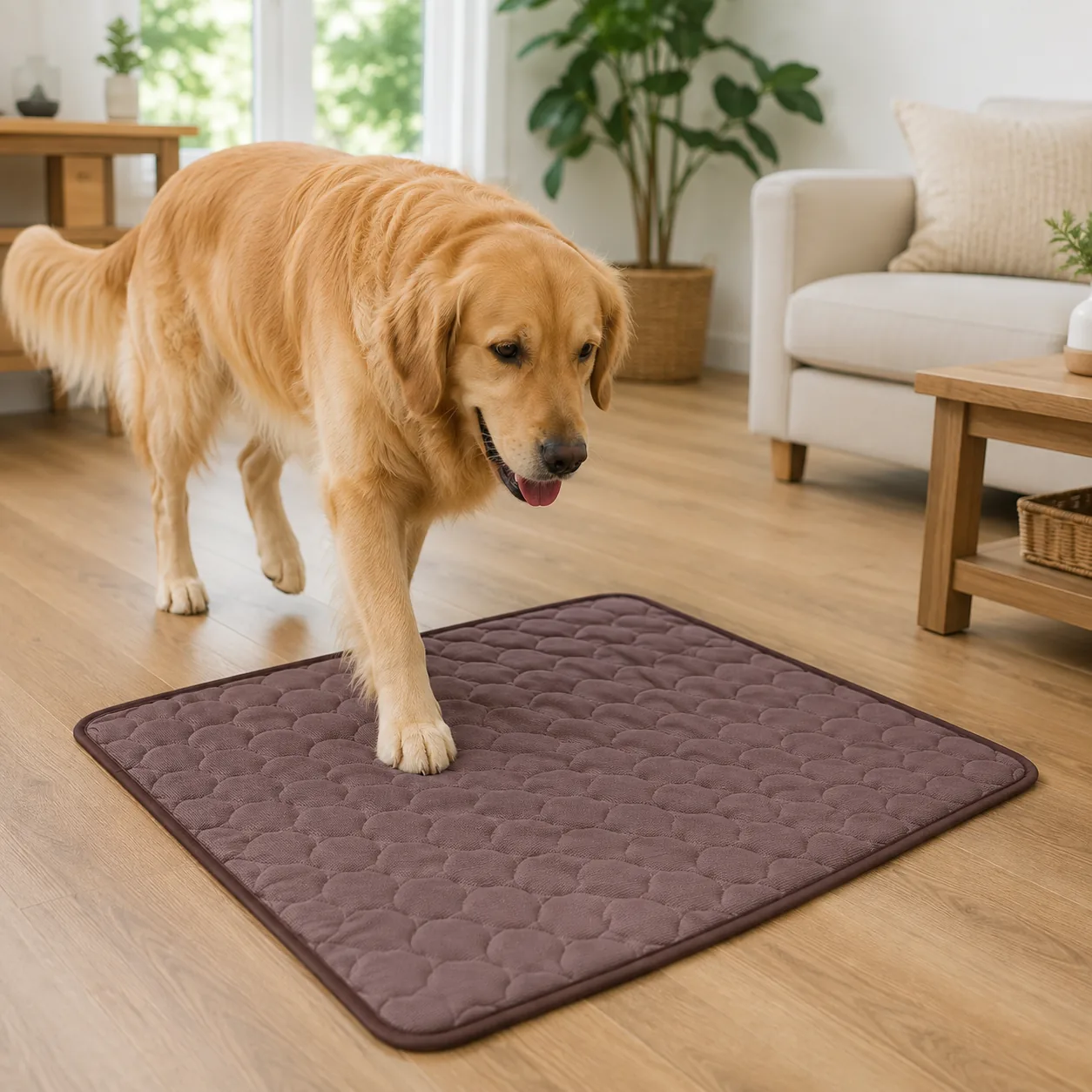 Golden retriever putting a paw on the brown cooling mat