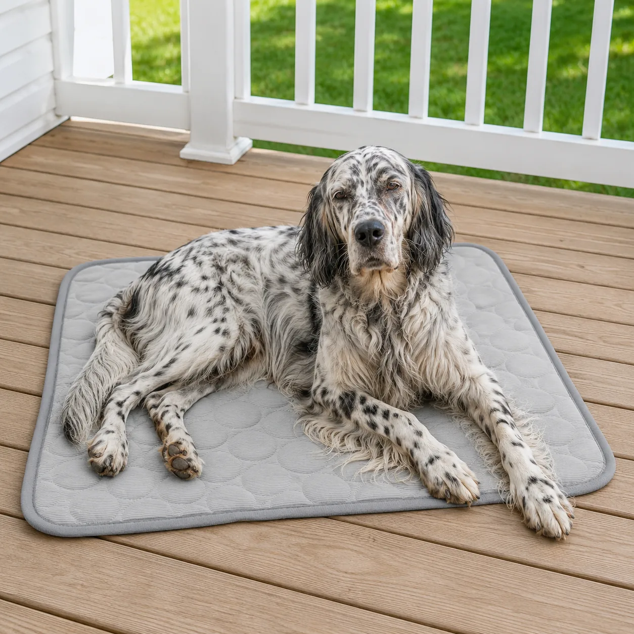 Long-coated setter lying on a gray Frimouf cooling mat on a patio