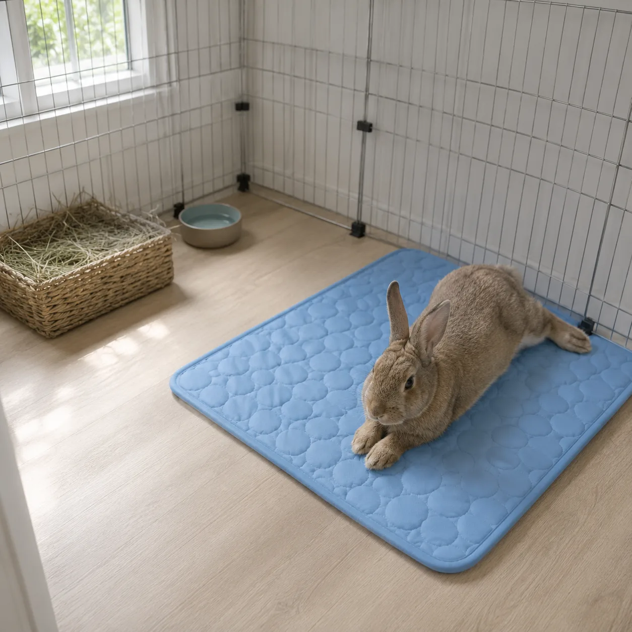 Blue cooling mat in the shaded corner of a rabbit enclosure, hay and water bowl on the opposite side