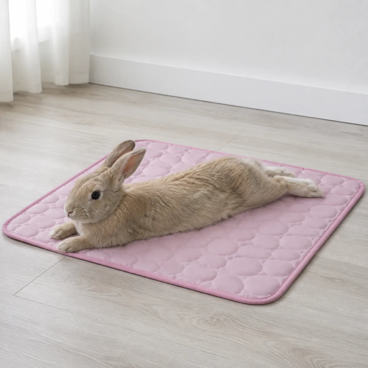 Rabbit stretched out flat on a pink Frimouf Ice cooling mat