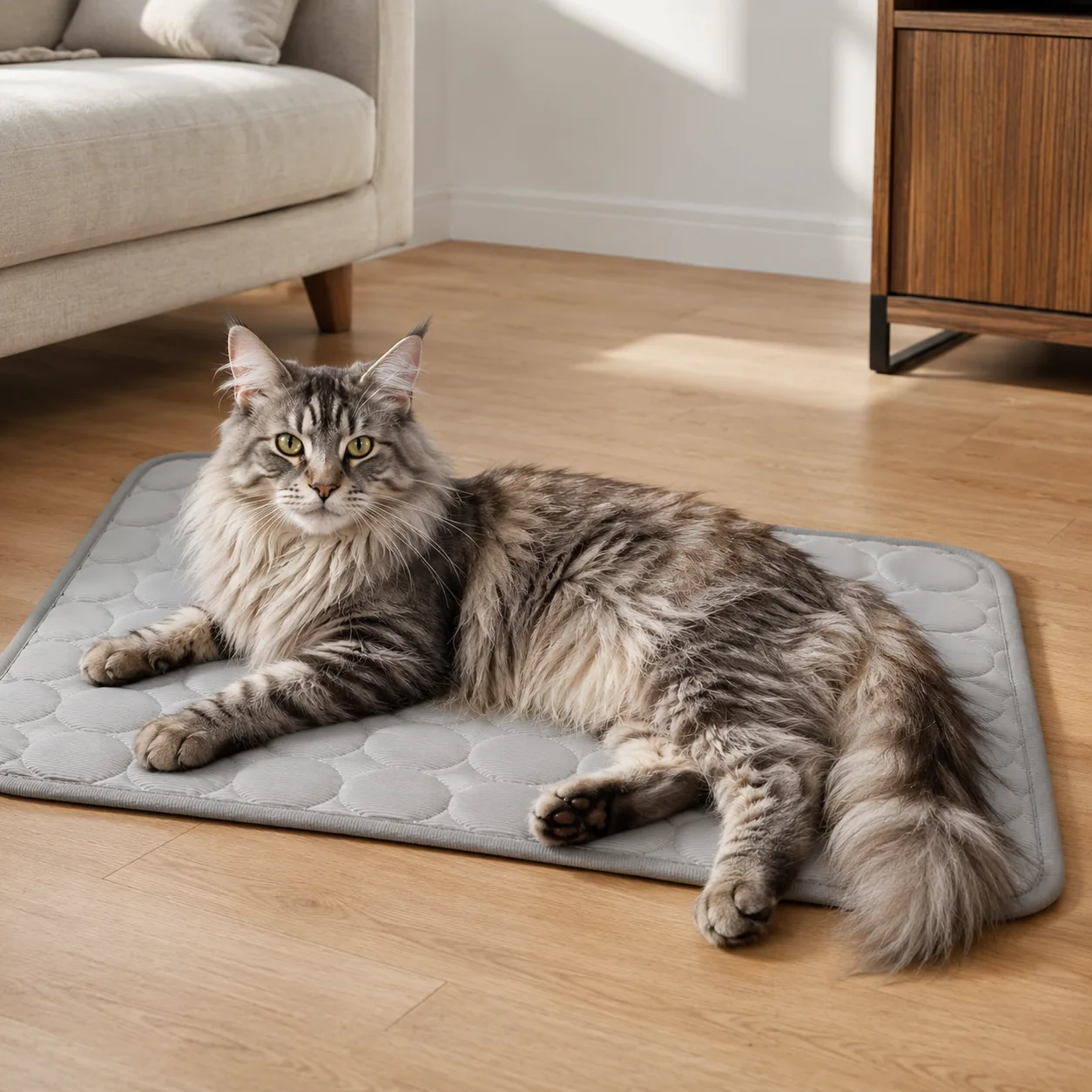 Maine Coon stretched out on a gray Frimouf cooling mat, tail and hind legs over the edge