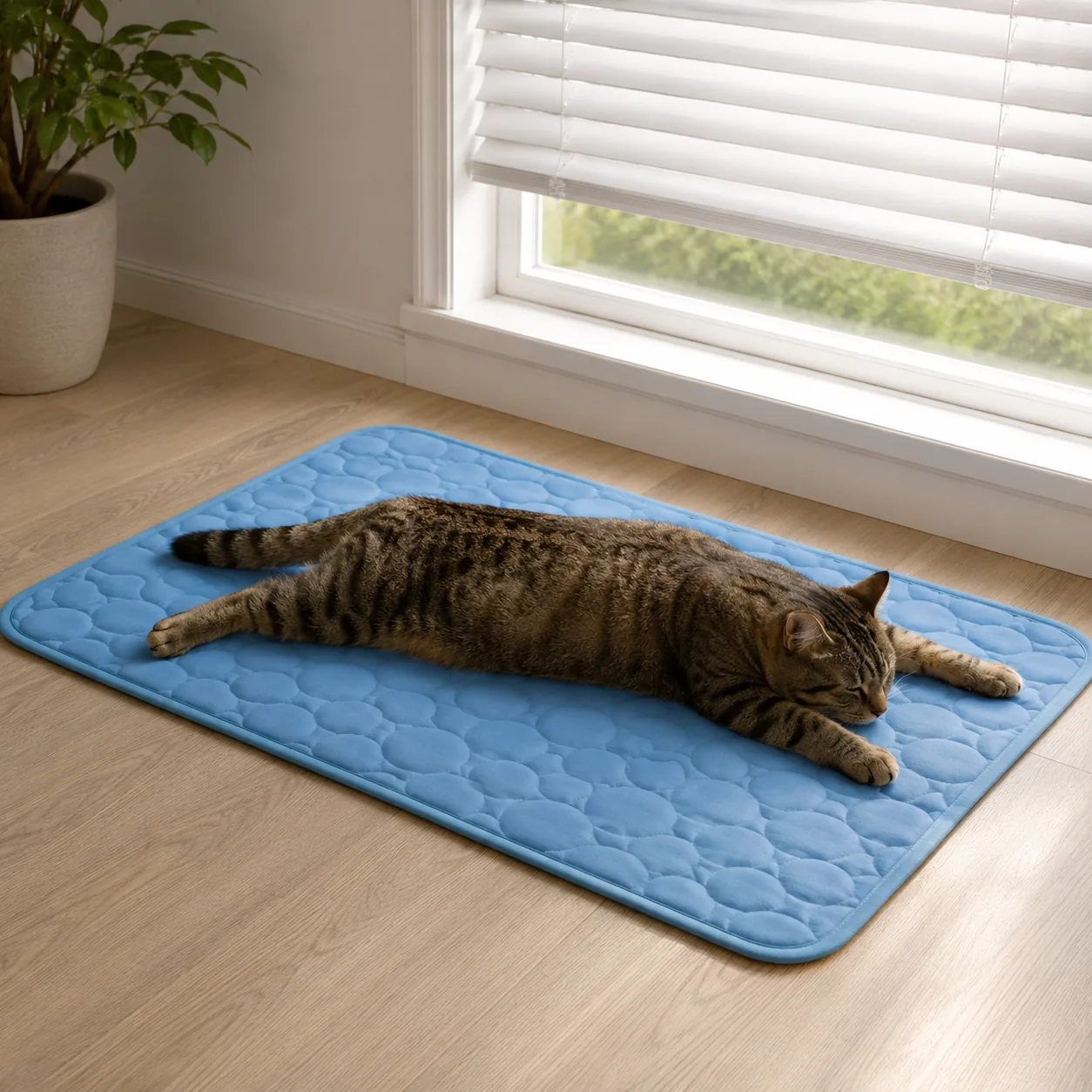 A tabby cat stretched out on a blue Frimouf Ice cooling mat