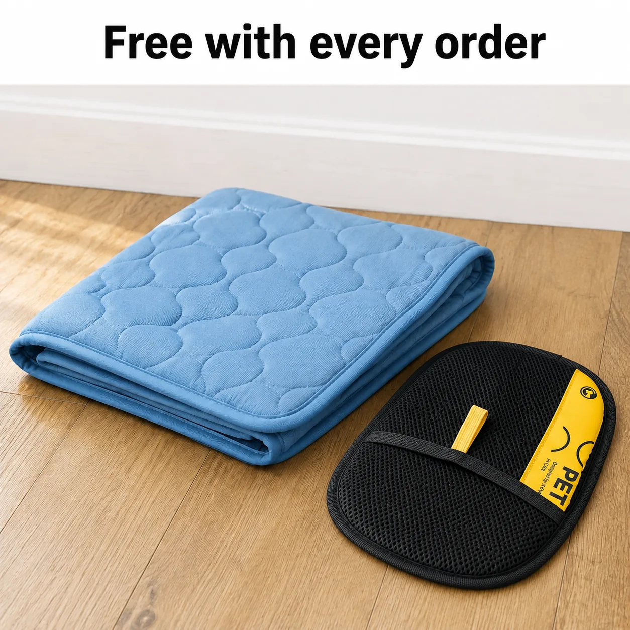Blue cooling mat next to a pet hair removal glove, free with every order