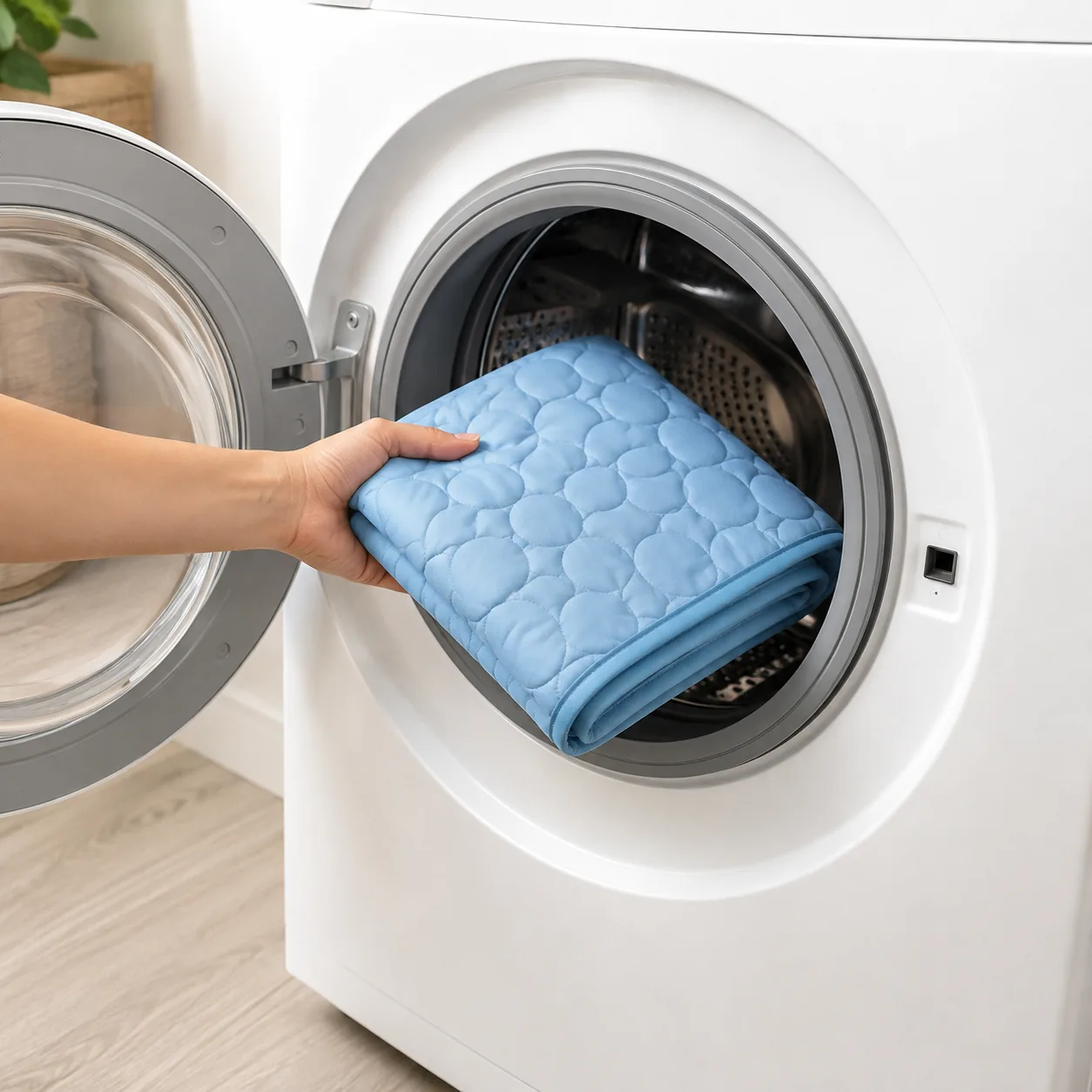 Blue cooling mat folded as it goes into the washing machine drum