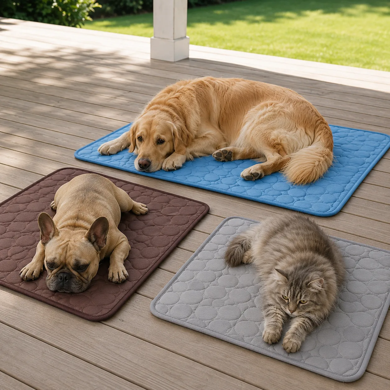 Golden retriever, French Bulldog and long-haired cat on three Frimouf Ice cooling mats on a patio