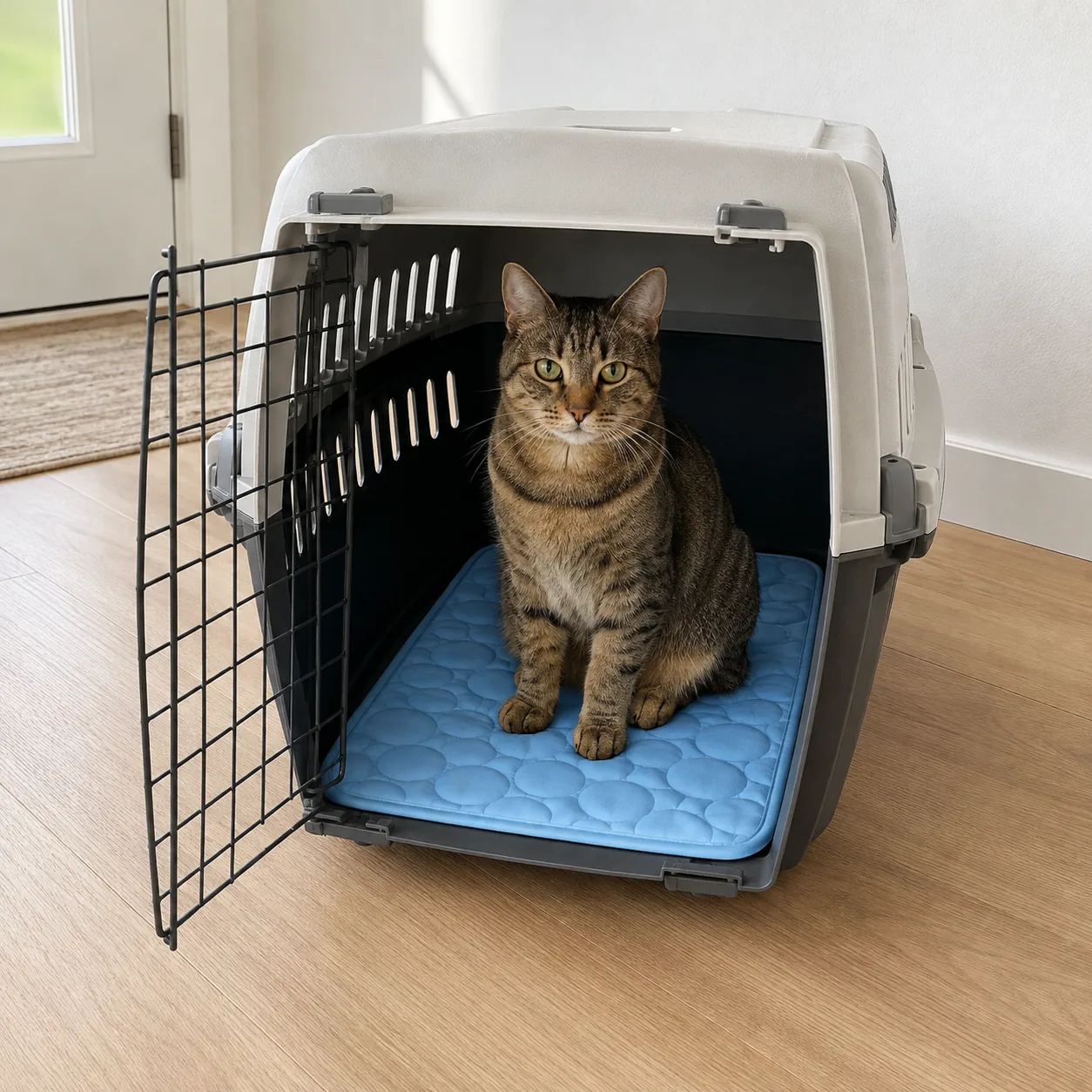 Cooling mat in the base of an open carrier, with a tabby cat inside