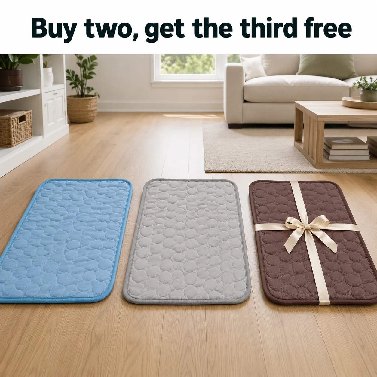 Three cooling mats side by side, the third with a ribbon: buy two, get three