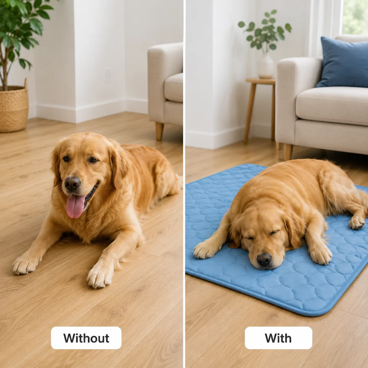 The same dog on the bare floor and on the Frimouf Ice mat, in the same room