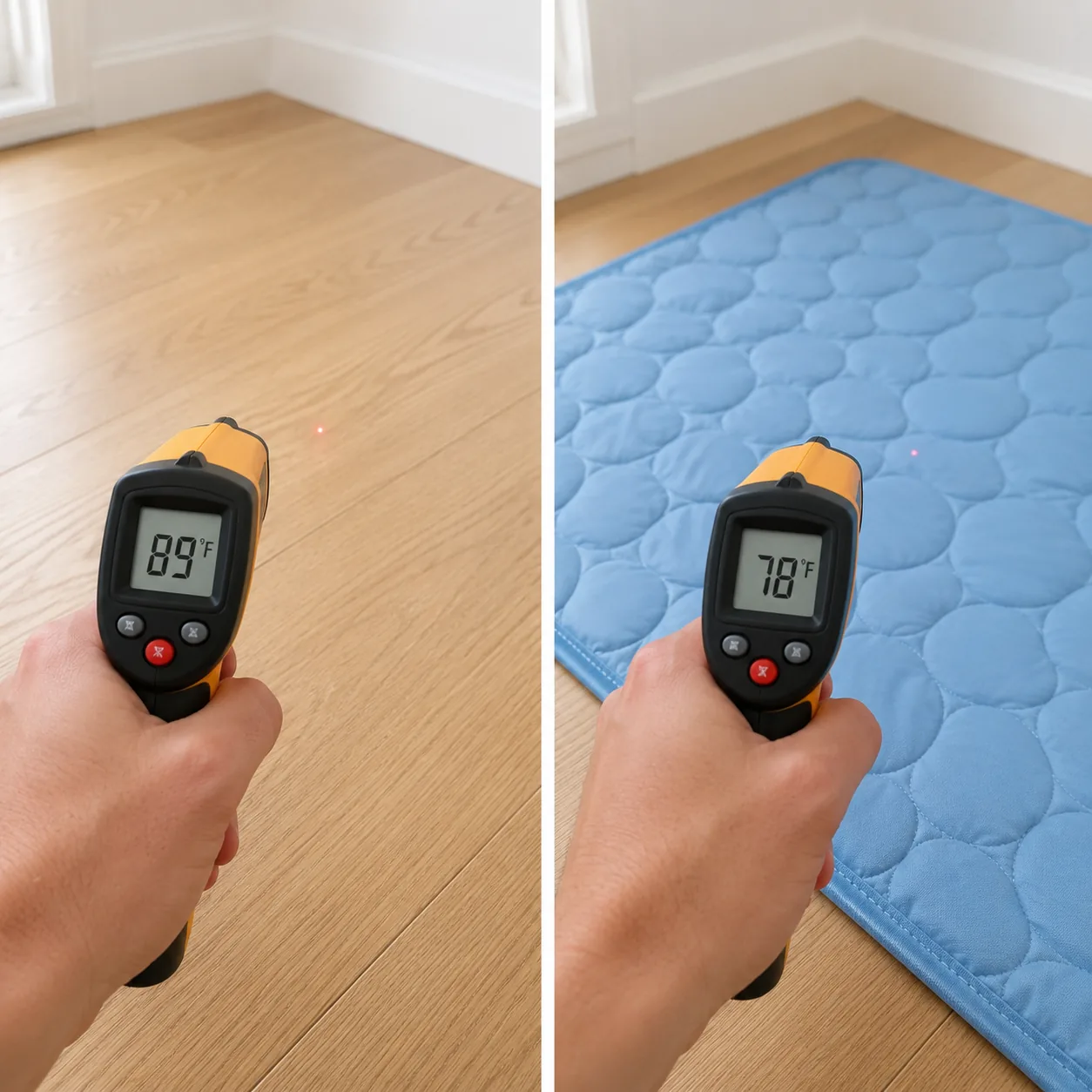 Infrared thermometer on the bare floor and on the Frimouf Ice cooling mat, in the same room