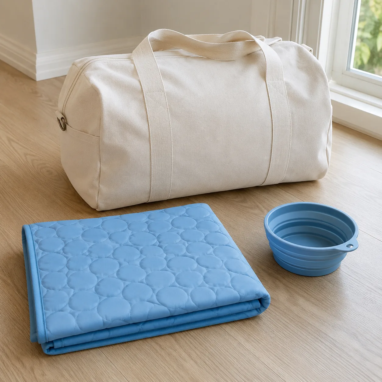Cooling mat folded next to a travel bag and a collapsible bowl