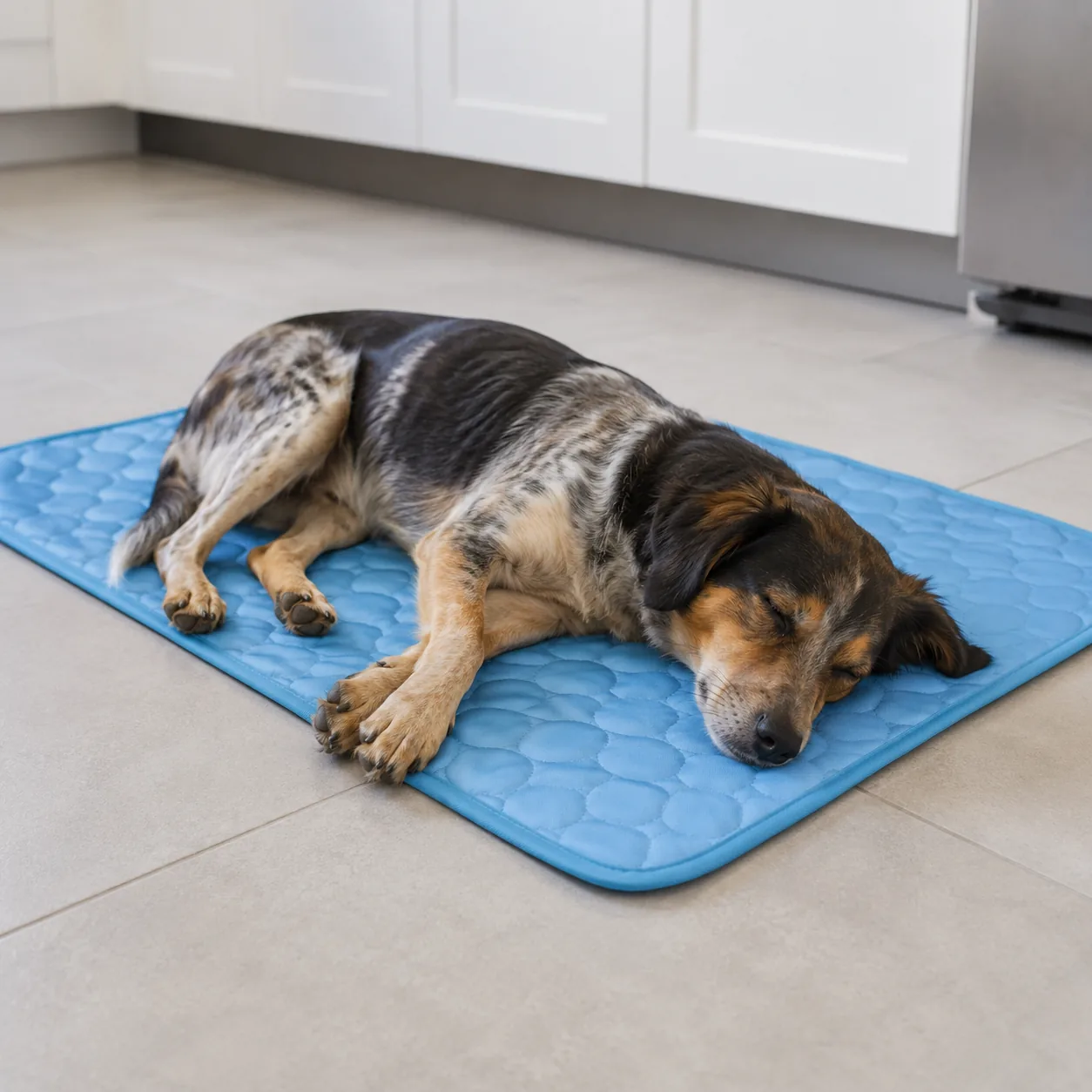 Mixed-breed dog asleep on a blue Frimouf cooling mat laid on tile