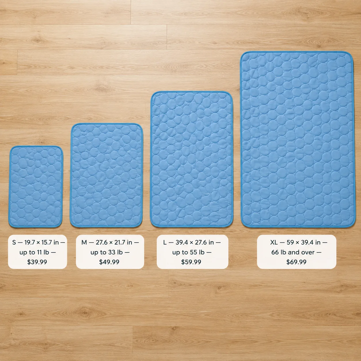 The four cooling mat sizes side by side, from S to XL, each labelled with its dimensions in inches, the weight it suits and its price