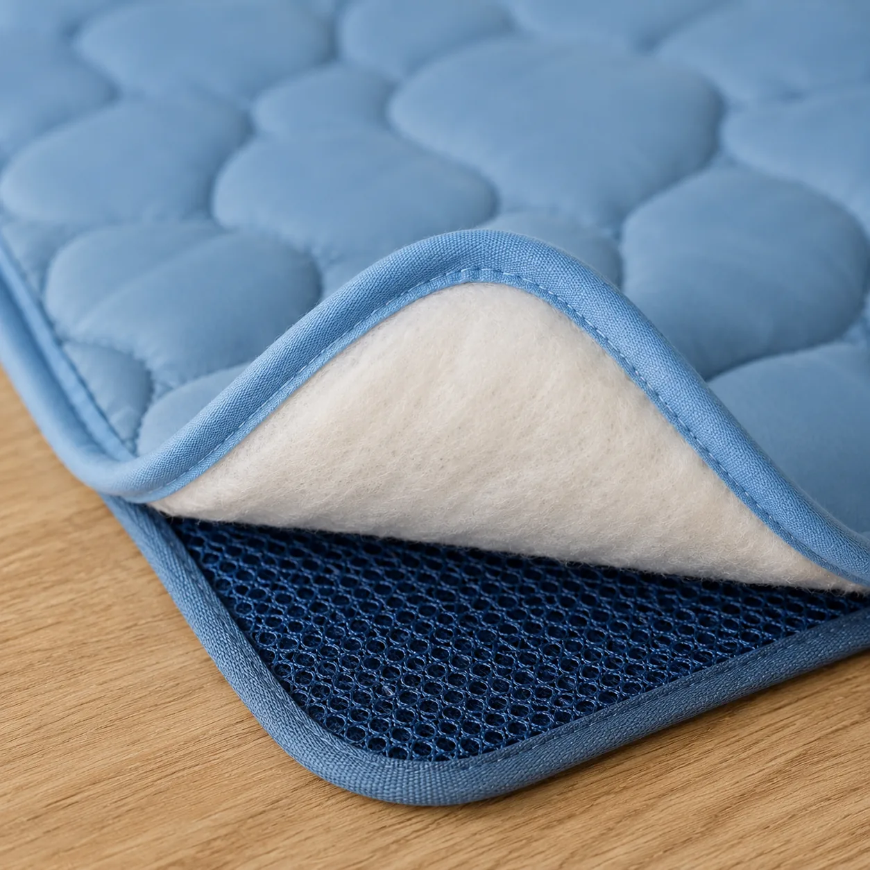 Lifted corner of the Frimouf cooling mat: blue ice silk on top, cotton filling and breathable mesh underneath
